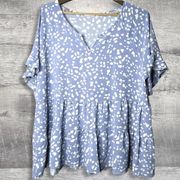 First Love Womens 3X Blue Flutter Sleeve Blouse White Dot Tiered Ruffle Hem Top