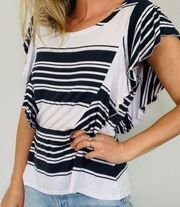 Chaser White & Grey Striped Ruffle Flounce Hem Tee. Medium. Soft Cap Sleeve NWT