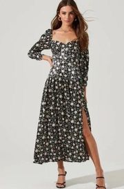 Black Floral Puff Sleeve Sweetheart Neck Satin Midi Dress XS