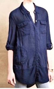 Anthropologie Tunic Navy Top with Pockets and Roll Up Sleeves Med