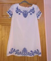 White Flowy  Dress With Blue Detailing