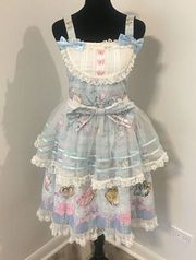 CHESS STORY Blue Bows Lace Tie Back Organza Apron Alice in Wonderland Dress M