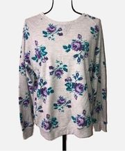 Gray Purple Floral Print Size Medium Terry Sweatshirt Cottagecore Grandma