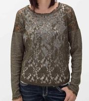 MISS ME Lace Front Sweatshirt Olive Green Pullover Mixed Media Material Crewneck