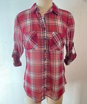 Xhilaration Sheer Pink Plaid Rolled Tab Long Sleeve Button Down Collared Shirt