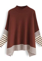 LIE IN CARAMEL FIELDS STRIPED OVERSIZE KNIT CAPE SWEATER ONE SIZE . 