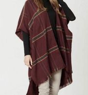 Anthropologie “Do Everything In Love” Plum plaid blanket shawl fringe poncho