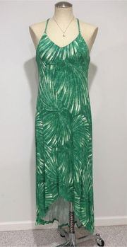 C&C California Green Palm Print Stretch Beach Boho Hi-Low Hem Maxi Dress Size S