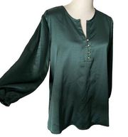 Democracy Silky Satin Blouse Green V Neck Gold Button Top Women's Size L