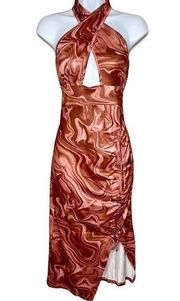 Iris Brown Abstract Print Ruched Side Split Halter Neck Dress Size Large​​​​