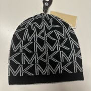 Michael Kors MK Logo Monogram Print Black Silver Knit Hat Beanie Womens NEW