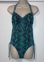No Boundaries Snakeskin Print One Piece Swimsuit Ruched 11 / 13 Green Black L