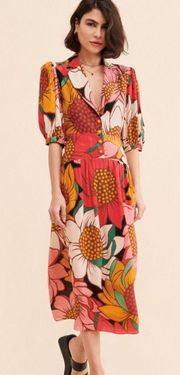 NWT Farm Rio Colorful Sunflowers Cut Out Back Collared Midi Dress S