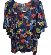 NWT Est. 1946 Tropical Floral Sheer Mesh Ruffle Pom Pom Sleeve Stretch Blouse