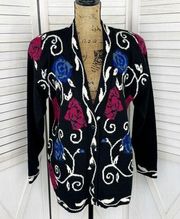 Norton McNaughton Vintage 90s Floral Chunky Cardigan Sweater Black Medium