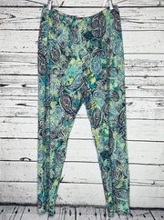 Slinky Brand Size XL Blue & Green Paisley Print Straight Leg Pull On Pants