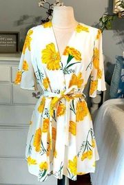 Colorful Bright Yellow Floral Romper  Womens Large Bold Tie Belt