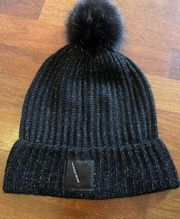 Victoria Secret Black Glitter Faux Fur Pom Hat Beanie