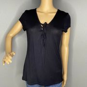 Short Sleeve Lace Up Tie Neckline Top Black Size Large