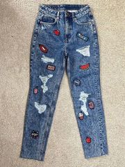 Divided Patchwork Acid Washed Vintage Style Straight Leg Jeans