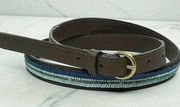 Ann Taylor Loft Blue Beaded Brown Faux Leather Belt Size Medium M Womens