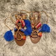 Brash Women’s Strappy Woven Pom Pom Wrap Around Sandal Multi-Color Size 9.5