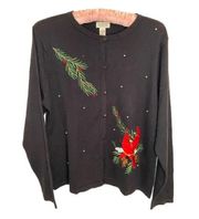 Ugly Christmas Sweater - black with Cardinals, Holly berries size large