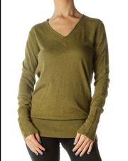 Ann Taylor LOFT  Womens Green V-Neck Wrist Buttons Silk Pullover Sweater S