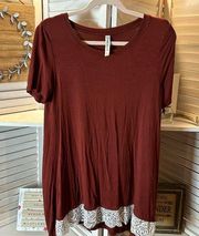 Zenana Signature T shirt with Lace Orangy Brown in Color