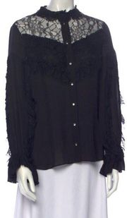 Alexis Silk Lace Trim Mock Neck Blouse with Faceted Buttons Black Size L