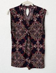 [Tommy Hilfiger] Navy Scroll Scarf Print Knot Neck Sleeveless Blouse Sz Large L