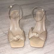 New  tan rattan ankle strap sandals block heels size 10