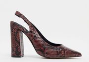 Sling Back Block High Heels in Burgundy Snake Print