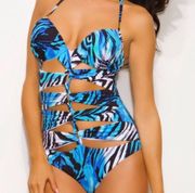 NWT A.che Women size 8B/C wild zebra luna maillot one piece blue halter swimsuit