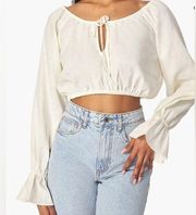 WeWoreWhat Top| ON/OFF SHOULDER TIE FRONT LINEN BLEND TOP| XL