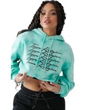 NWT True Religion Sweatshirt Size SMALL Tie Dye Logo Crop Hoodie Yucca Crystal