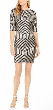 Geometric Metallic Sequin Sheath Dress