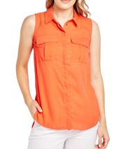 Neon Orange Chiffon Collared Blouse Flap Pockets sz 4