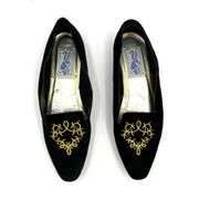 Vintage Perry Ellis Suede Emblem Embroidered Flats Black Shoes Palmer Preppy