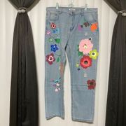 Miss Look denim embroidered flowers on jeans