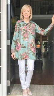 Soft Surroundings Scattered Rose Blue Floral Feminine Tunic Cotton PM