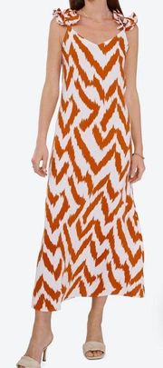 Vince Camuto Ikat Ruffle Shoulder Maxi Dress - MEDIUM - Tuscan Sun Rust Print