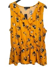 NEW Adrienne Vittadini Yellow with Black & White Floral Sleeveless Ruffle Top