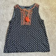 Navy Aztec Print With Orange Embroidered Detail Keyhole Neck  Size Small