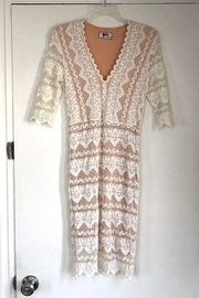 Nightcap White Sierra Lace Fitted Midi 3/4 Sleeve Dress S