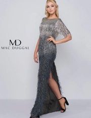 MAC DUGGAL Beaded Fringe Gown in Platinum Size US 4 NWT