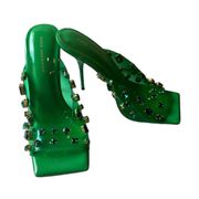 NIB NEW  Emma Square Toe Jeweled Heel Sandals In Summer Green