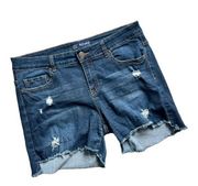 Womens Blue Savvy Denim Raw Hem Dark Wash Distressed Frayed Jean Shorts - Sz 14