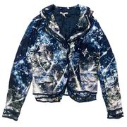 Alberto Makali Button Snap Cardigan Collared Blazer Floral Abstract Print Blue