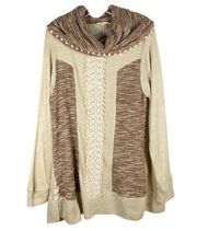 Ryu XL Sweater Cowl Neck Lace Pom Poms Heathered Buttons Pullover Tan Brown 319